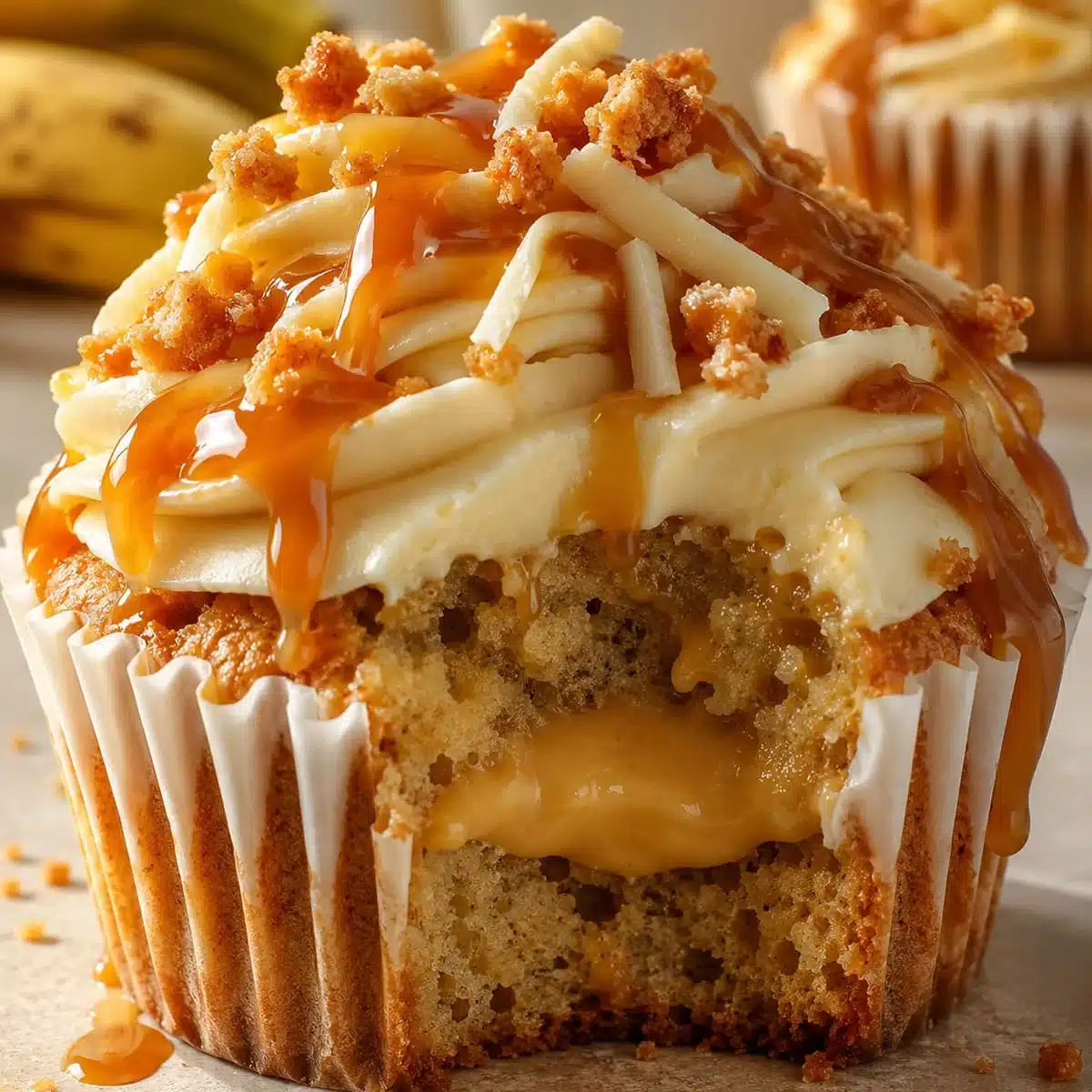 Banana cupcakes with caramel cream cheese frosting, gooey caramel filling, golden drizzle, crunchy topping, and soft banana cake texture.