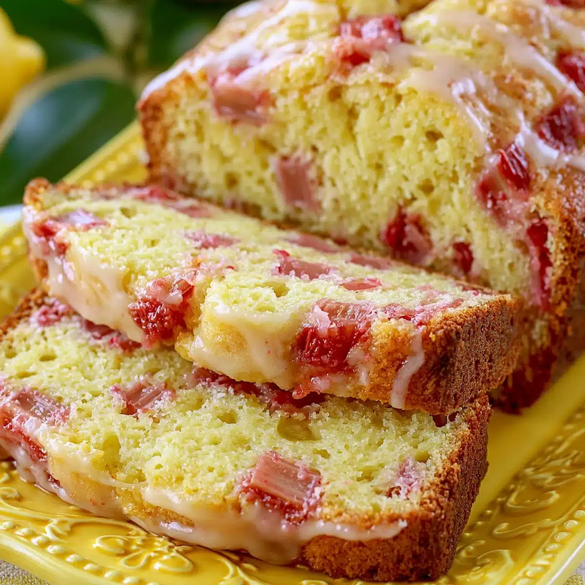 Delicious Lemon Rhubarb Bread – Easy Moist Loaf Cake 6 Lemon Rhubarb Bread with thick glossy glaze, tender golden slices, and bright pink rhubarb pieces on a yellow plate.