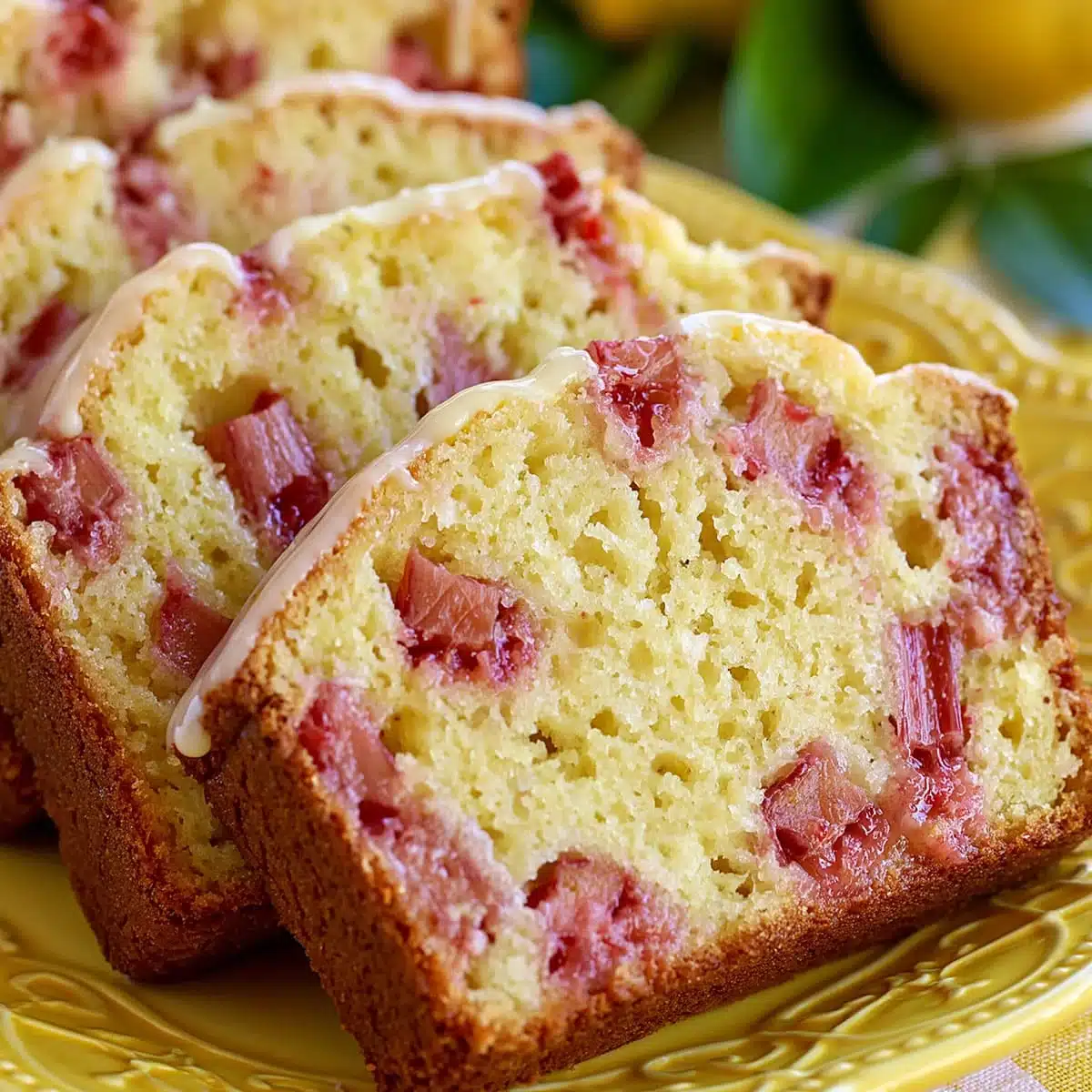 Delicious Lemon Rhubarb Bread – Easy Moist Loaf Cake 7 Lemon Rhubarb Bread slices with a golden tender crumb, pink rhubarb pieces, and fresh lemon in the background.