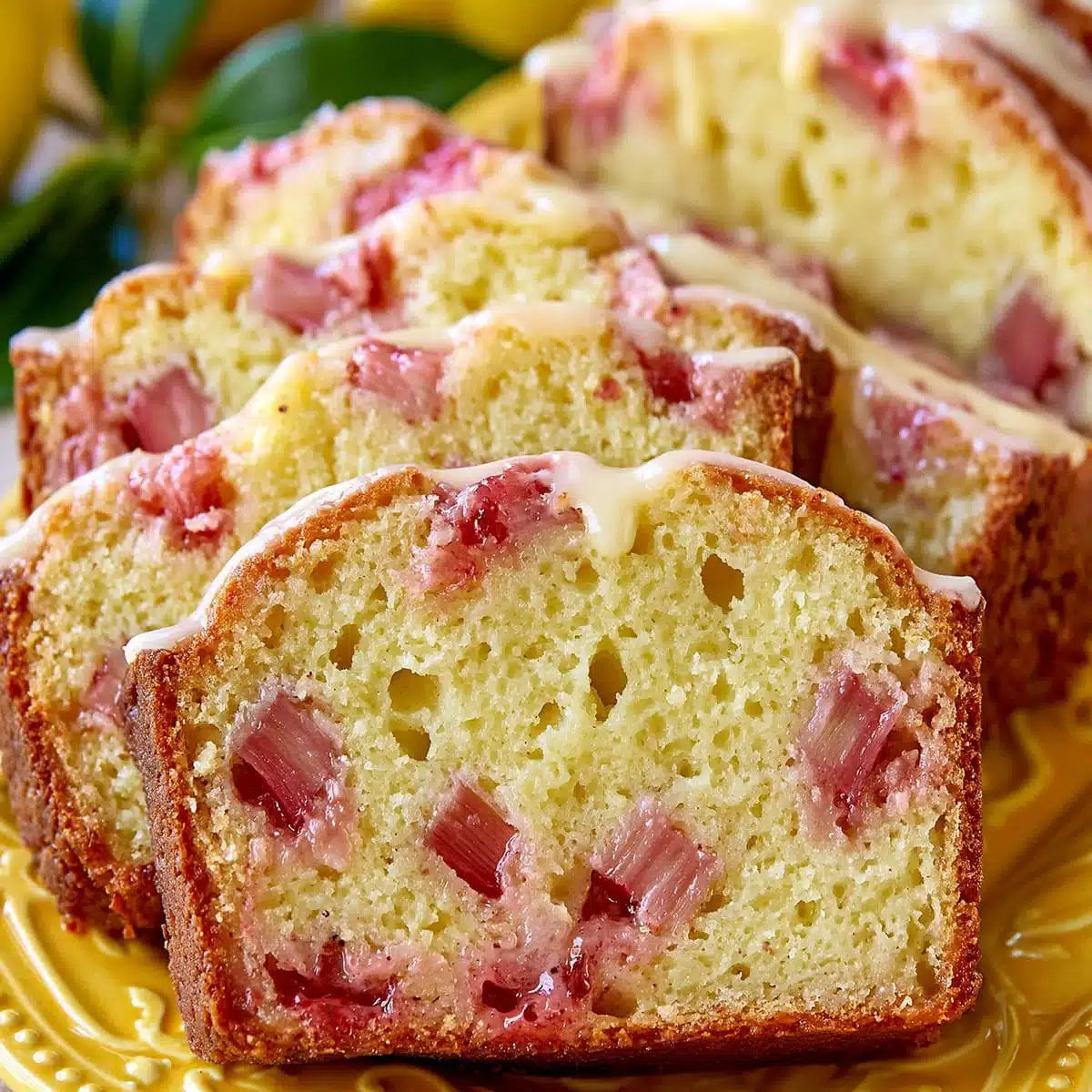Lemon Rhubarb Bread sliced on a yellow plate with glossy lemon glaze, pink rhubarb pieces, and fresh lemons in the background.