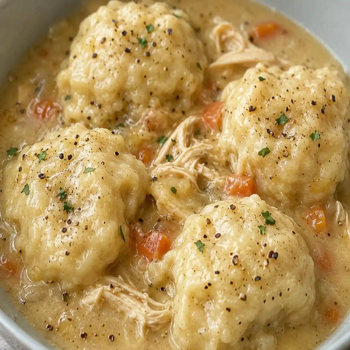 Bisquick Chicken and Dumplings close-up with soft fluffy dumplings, creamy chicken gravy, shredded chicken, carrots, black pepper, and parsley.