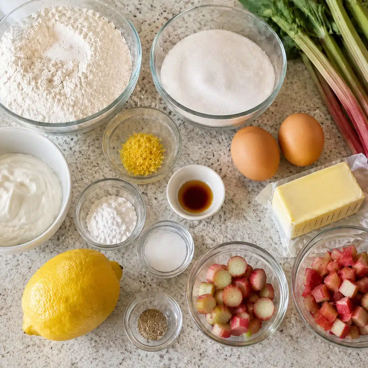 Delicious Lemon Rhubarb Bread – Easy Moist Loaf Cake 5 Lemon Rhubarb Bread ingredients with flour, sugar, butter, eggs, sour cream, lemon zest, vanilla, and fresh rhubarb.