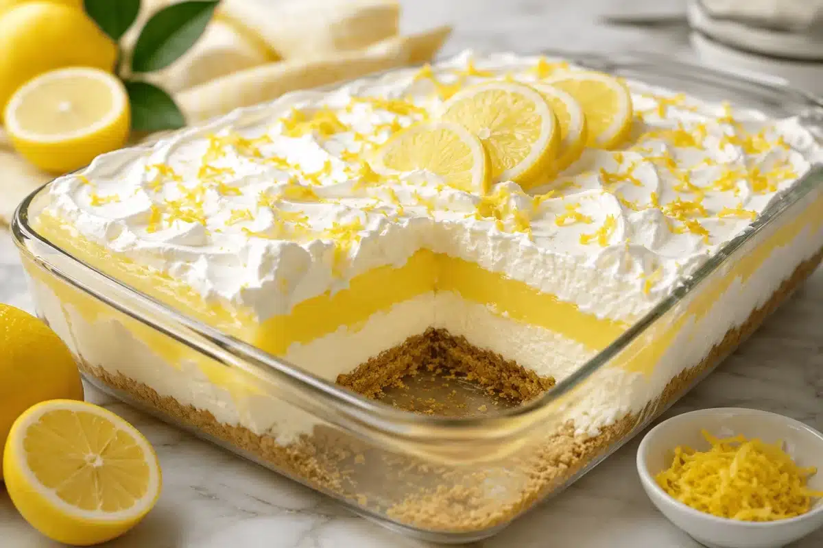 No Bake Lemon Cream Dessert Bars Recipe 6 No Bake Lemon Cream Dessert Bars Recipe in a glass pan with creamy layers, glossy lemon filling, whipped topping, lemon zest, and fresh lemon slices.