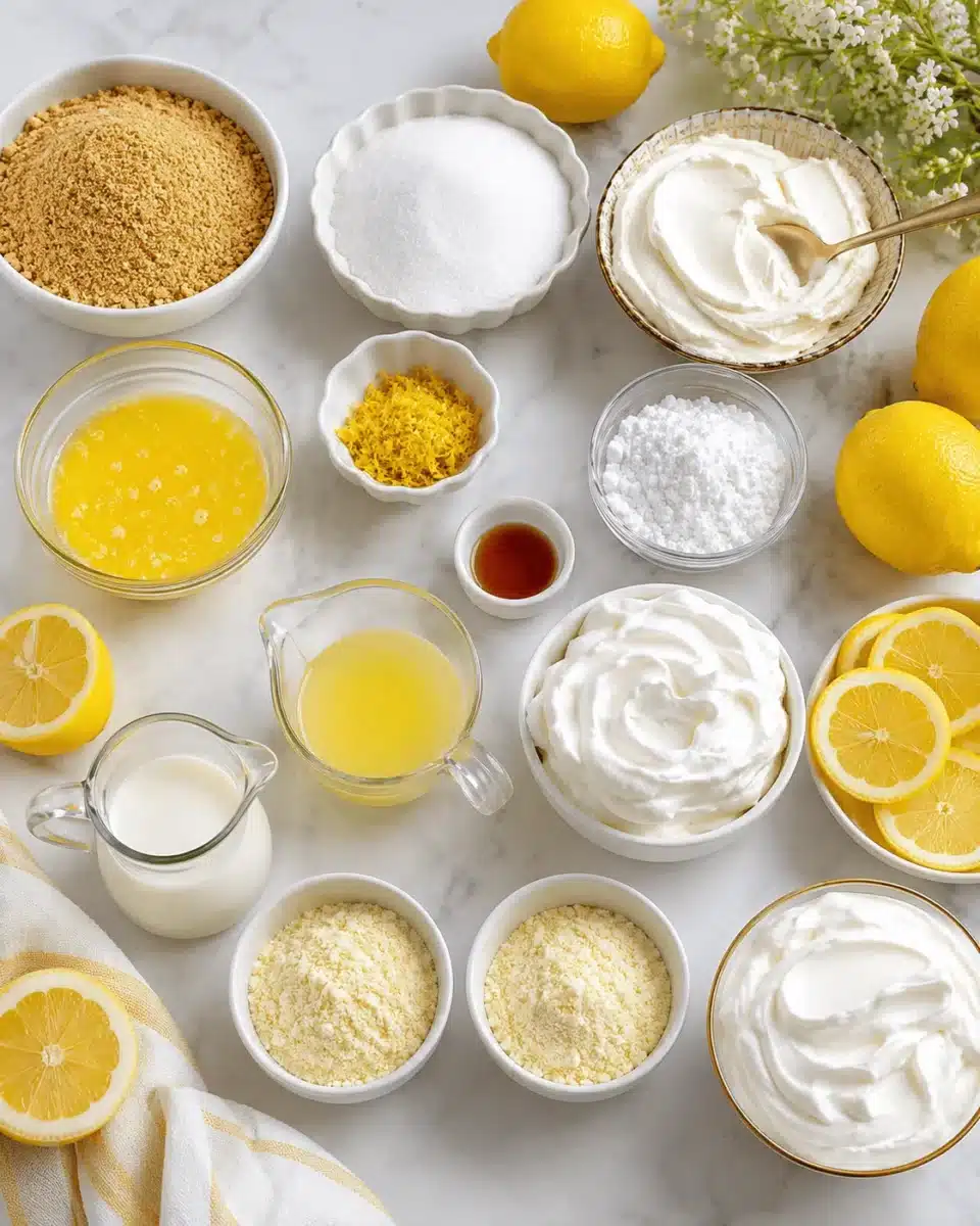 No Bake Lemon Cream Dessert Bars Recipe 5 No Bake Lemon Cream Dessert Bars Recipe ingredients with graham crumbs, sugar, lemon zest, whipped cream, milk, lemon juice, and fresh lemons.