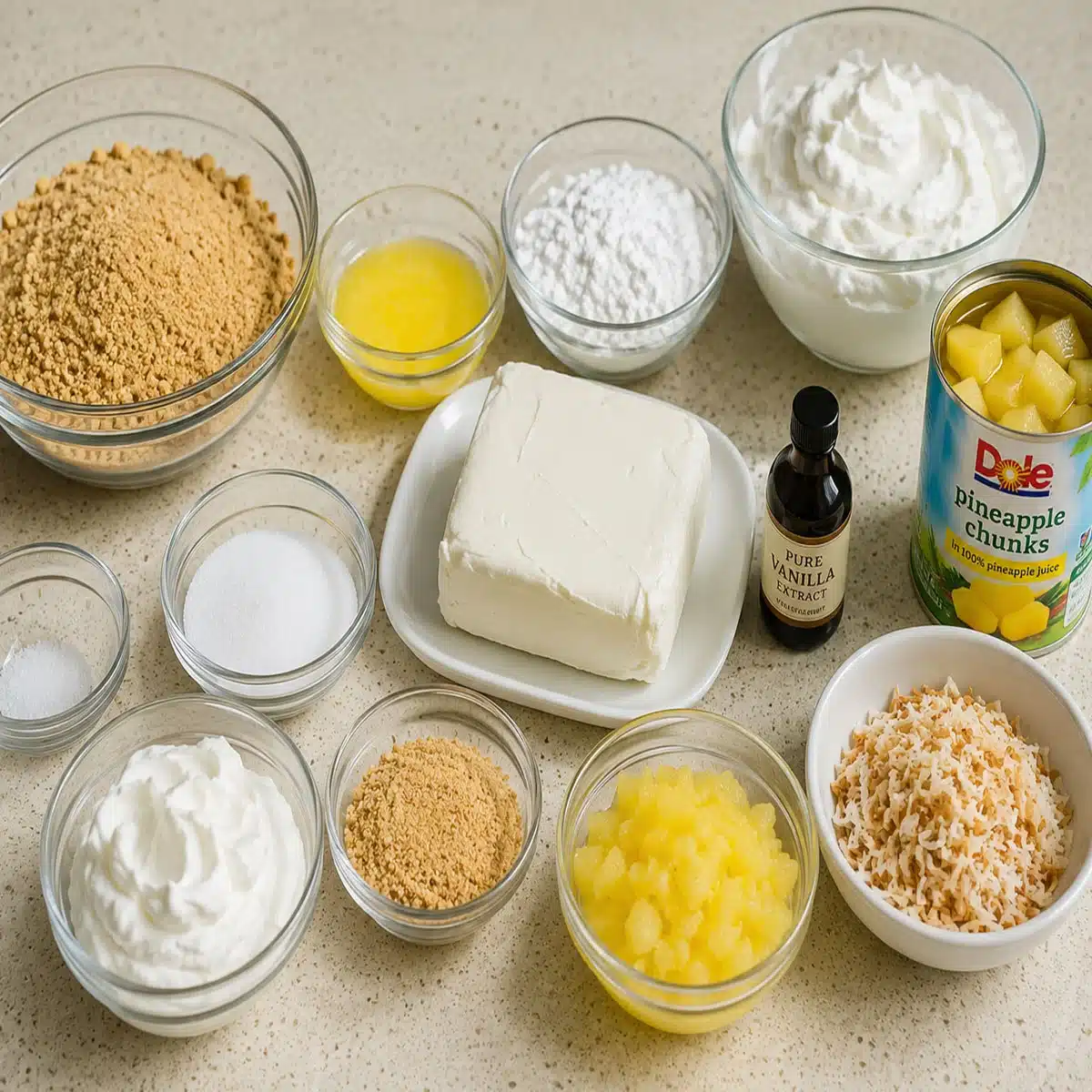 Pineapple Coconut Cream Dessert ingredients including graham crumbs, cream cheese, whipped topping, pineapple, vanilla, and toasted coconut