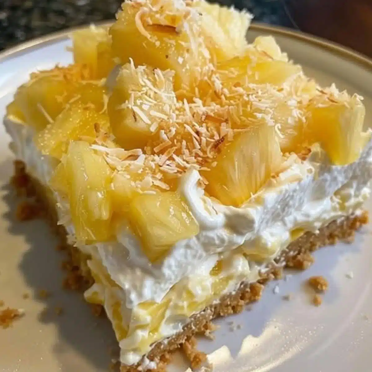 Pineapple Coconut Cream Dessert slice with creamy pineapple filling, graham cracker crust, whipped topping, and toasted coconut