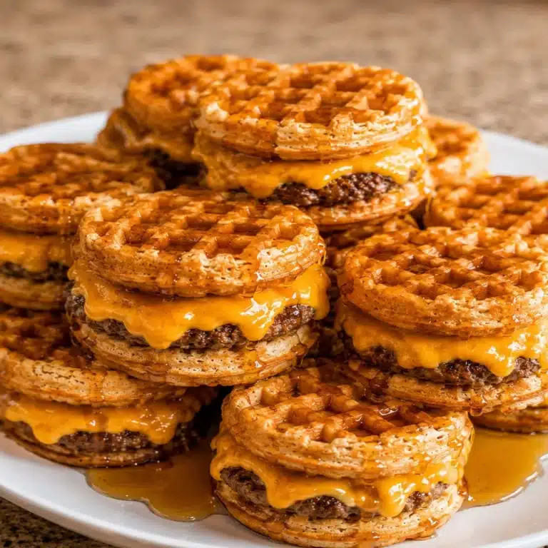 Waffle Sausage Egg & Cheese Sandwiches arranged on a white platter with golden waffles, melted cheddar, sausage patties, and maple syrup.