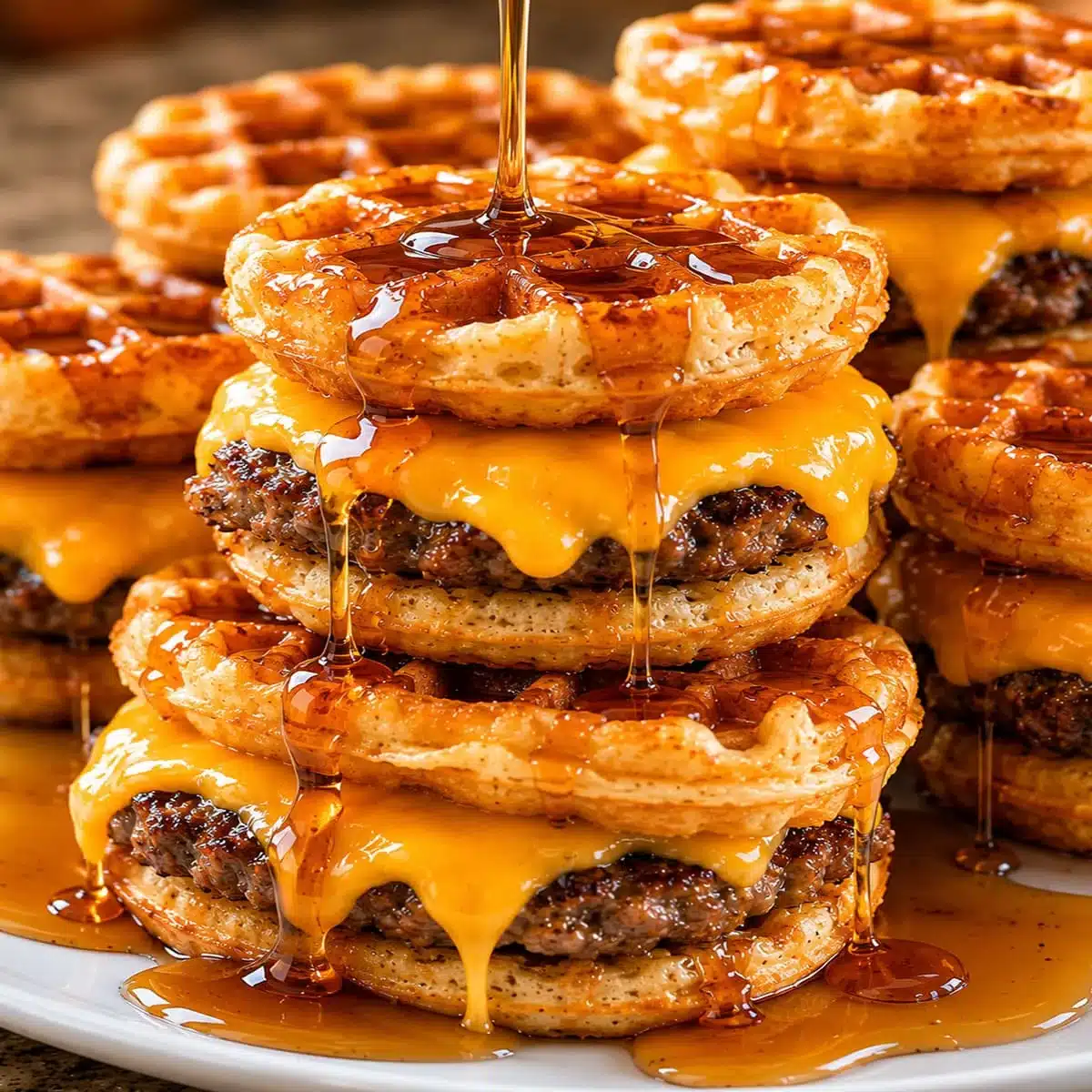 Waffle Sausage Egg & Cheese Sandwiches stacked with crispy mini waffles, melted cheese, sausage patties, and glossy maple syrup drizzle.