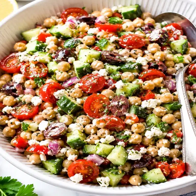 Mediterranean Chickpea Salad with chickpeas, cucumber, tomatoes, olives, feta, parsley, and zesty dressing