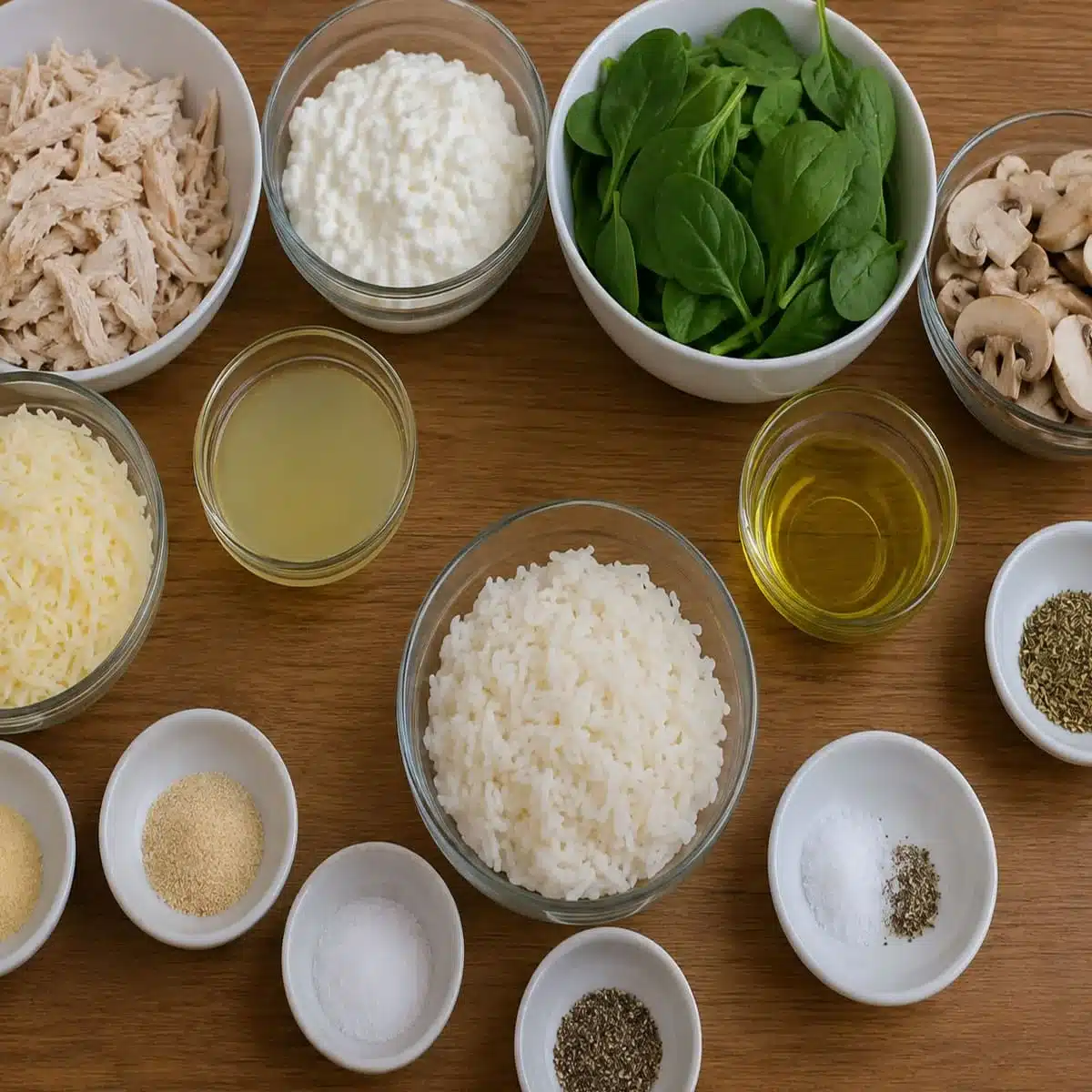 Creamy Cottage Cheese Chicken Casserole – High-Protein Dinner 3 Cottage Cheese Chicken Casserole ingredients with shredded chicken, cottage cheese, spinach, mushrooms, rice, mozzarella, broth, olive oil, and seasonings.
