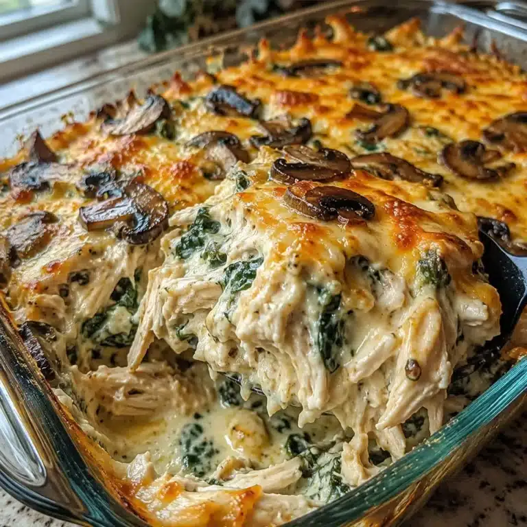 Cottage Cheese Chicken Casserole with creamy shredded chicken, spinach, mushrooms, melted mozzarella, and a golden baked cheese topping.