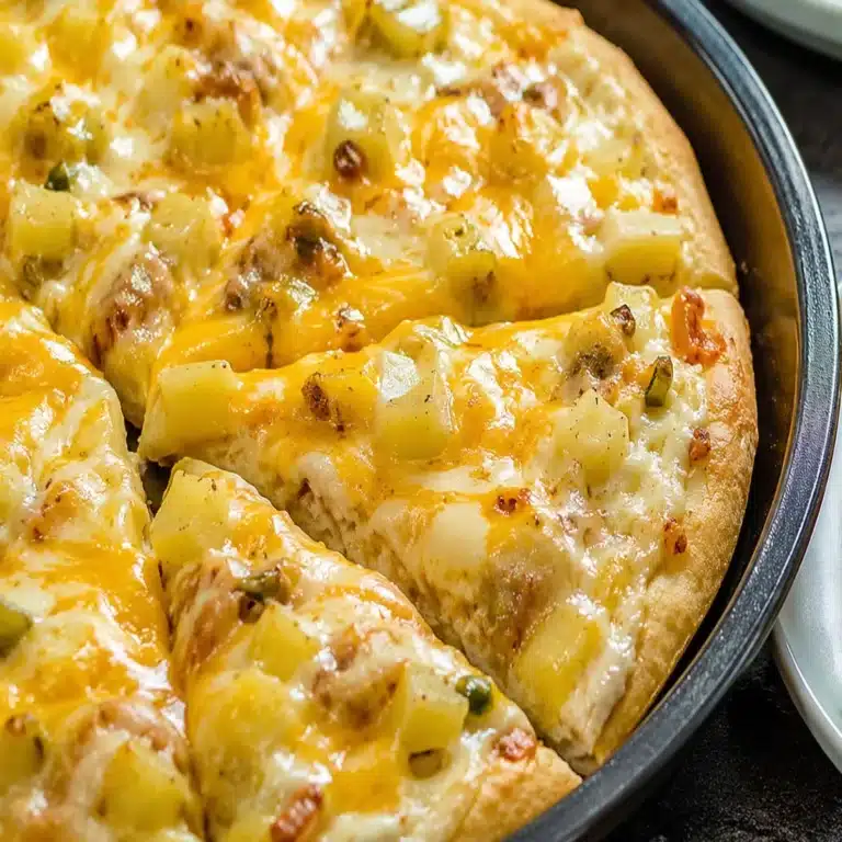 Homemade potato pizza baked in a round pan with rosemary potatoes, melted mozzarella, cheddar cheese, creamy sauce, and golden crust.
