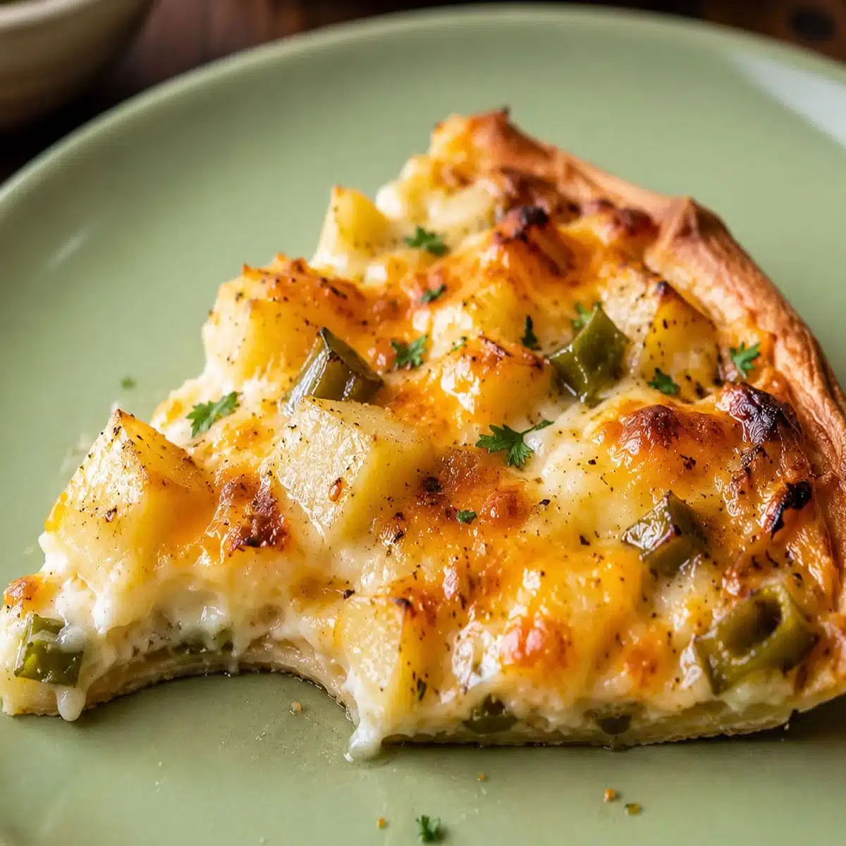 Homemade Potato Pizza – Easy Vegetarian Dinner 5 Homemade potato pizza slice with creamy garlic sauce, tender golden potatoes, melted cheese, rosemary, crisp crust, and a bite on a green plate.