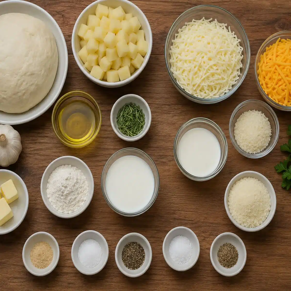Homemade Potato Pizza – Easy Vegetarian Dinner 4 Homemade potato pizza ingredients with pizza dough, diced potatoes, mozzarella, cheddar, Parmesan, rosemary, garlic, butter, milk, cream, and seasonings.