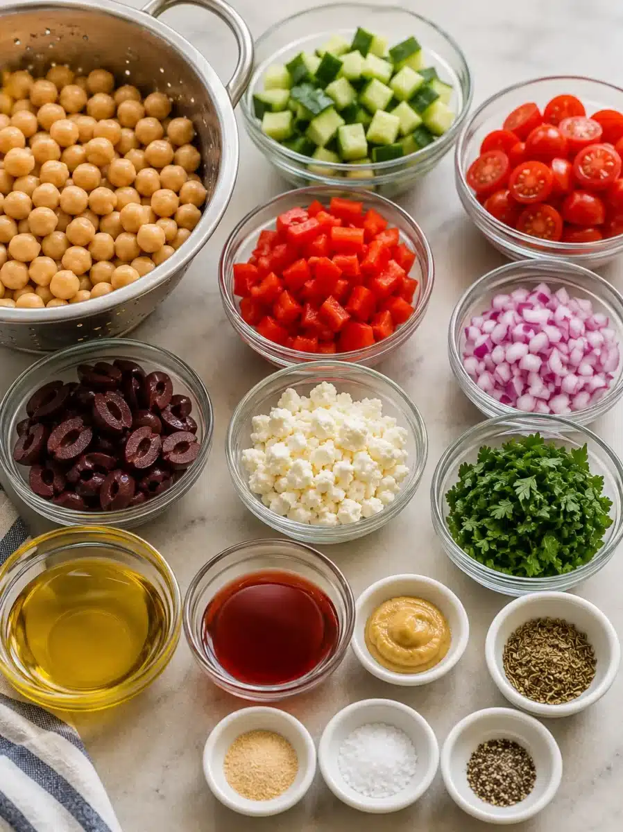 Mediterranean Chickpea Salad ingredients with chickpeas, cucumber, tomatoes, olives, feta, parsley, and dressing