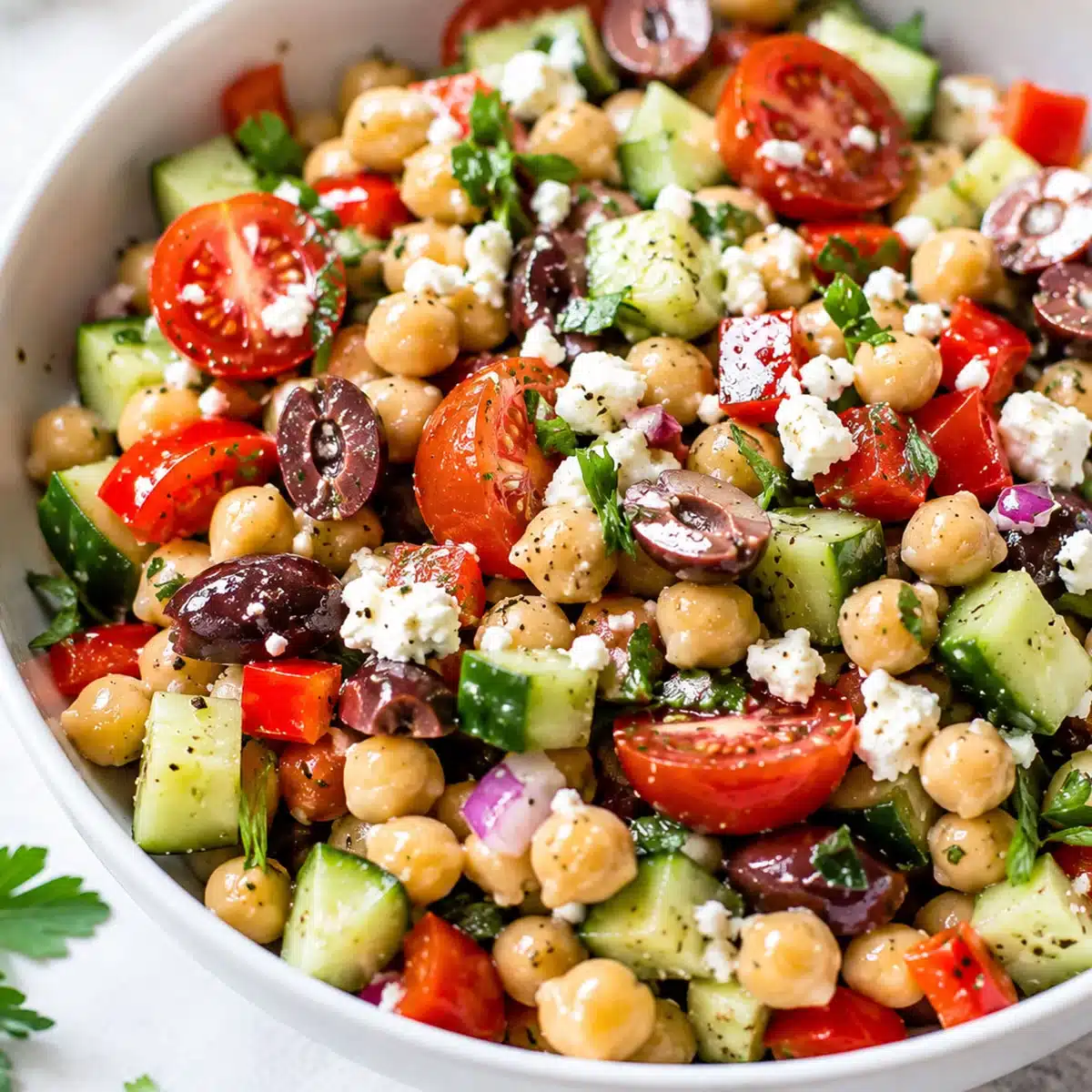 Close-up Mediterranean Chickpea Salad with creamy feta, chickpeas, cucumber, cherry tomatoes, olives, and parsley