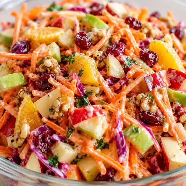 Crunchy Apple Carrot Salad close-up with crisp apple chunks, shredded carrots, dried cranberries, walnuts, orange pieces, red cabbage, herbs, and creamy dressing.