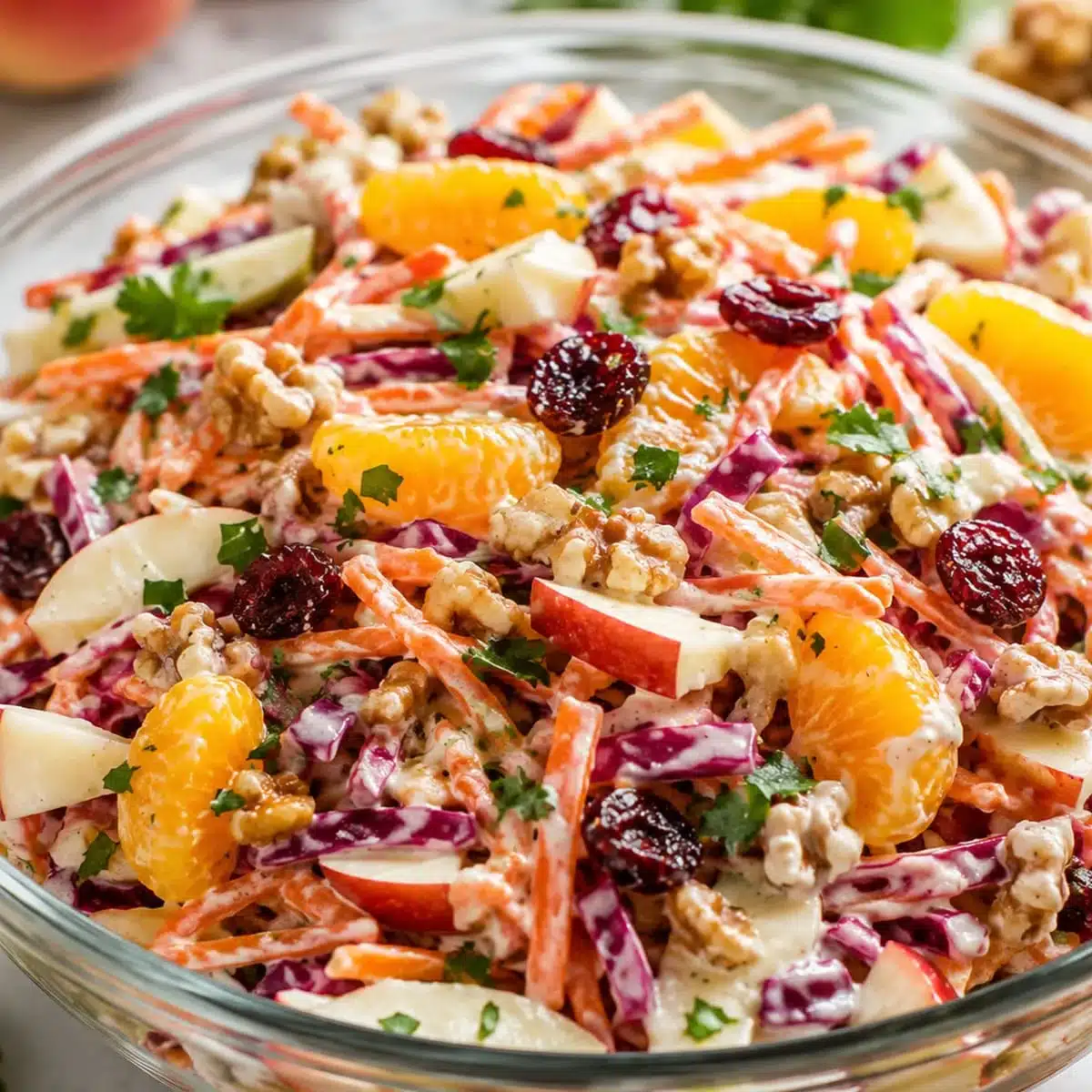 Crunchy Apple Carrot Salad with apples, shredded carrots, orange segments, cranberries, walnuts, red cabbage, parsley, and creamy citrus dressing.