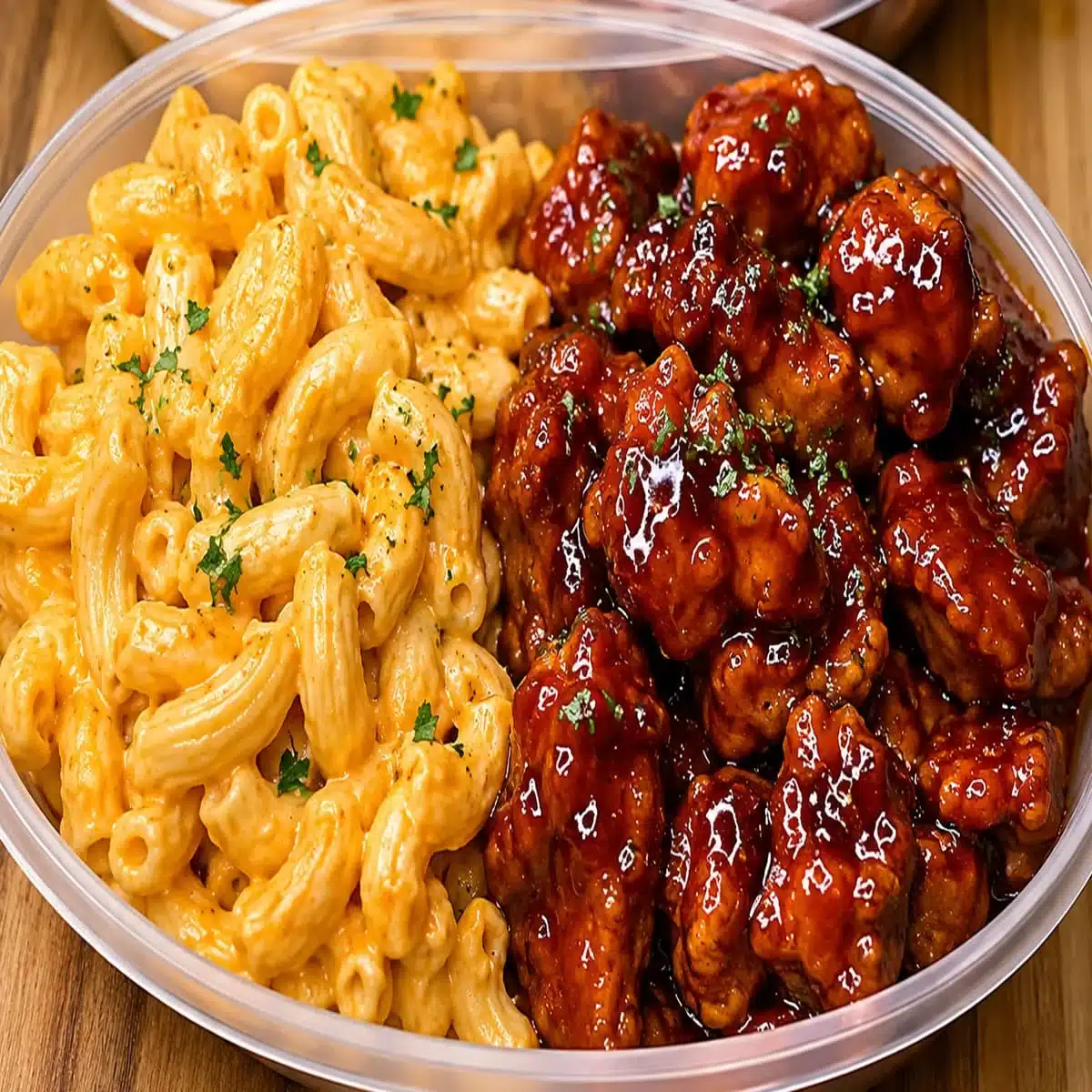 High Protein Honey BBQ Chicken Mac and Cheese Recipe 7 Honey BBQ Chicken Mac and Cheese meal prep bowl with creamy pasta and sticky BBQ chicken pieces