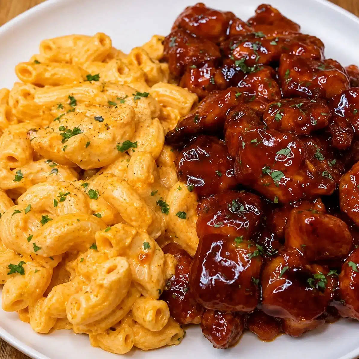 Honey BBQ Chicken Mac and Cheese with creamy golden pasta and glossy barbecue chicken on a white plate