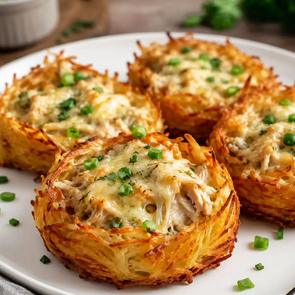Cheesy Chicken Potato Nests – Easy Chicken Appetizer 7 Cheesy Chicken Potato Nests served on a white plate with crispy shredded potato cups, creamy chicken filling, melted cheese, and fresh green onions.