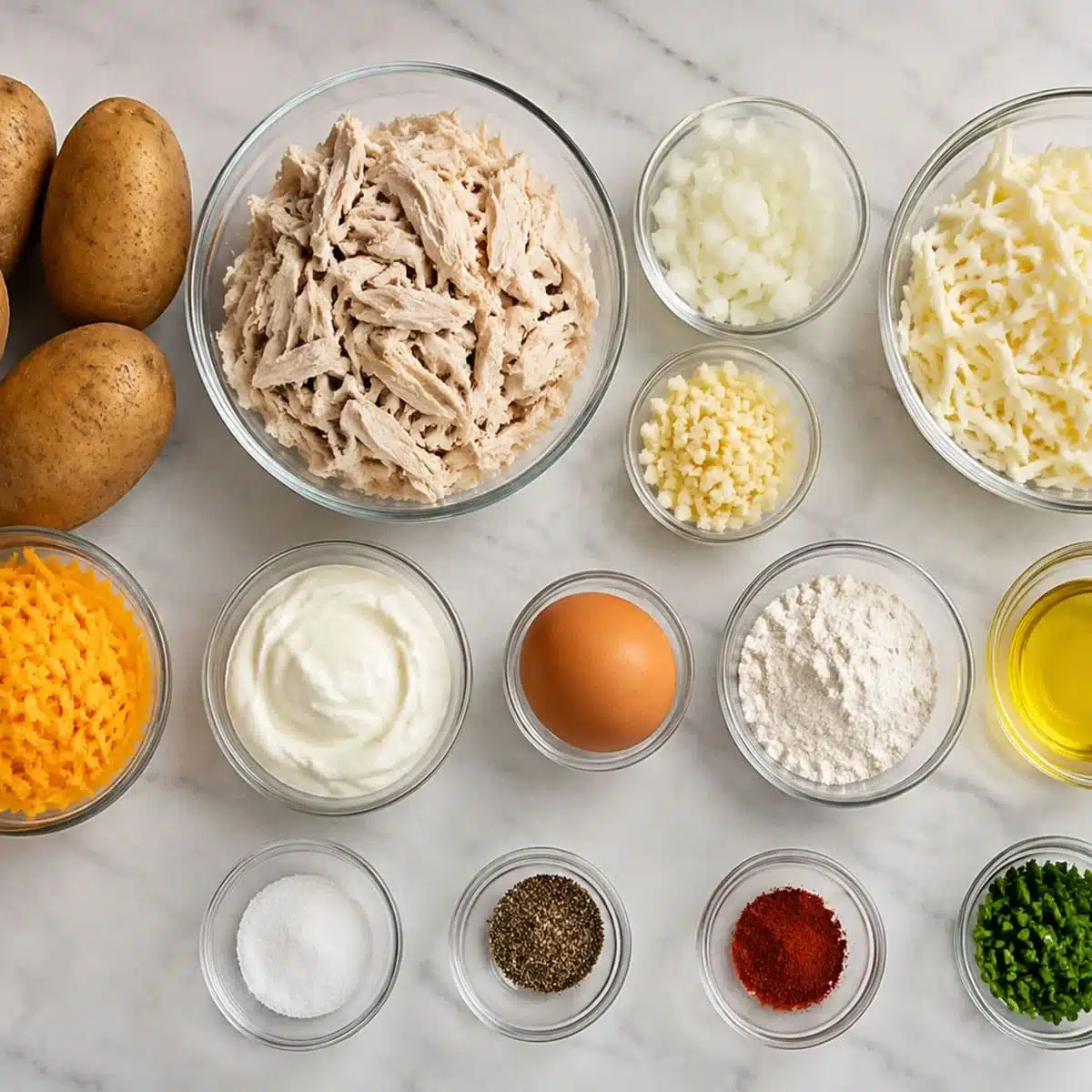 Cheesy Chicken Potato Nests – Easy Chicken Appetizer 5 Cheesy Chicken Potato Nests ingredients with potatoes, cooked chicken, onion, garlic, mozzarella, cheddar, sour cream, egg, flour, oil, paprika, salt, pepper, and chives.