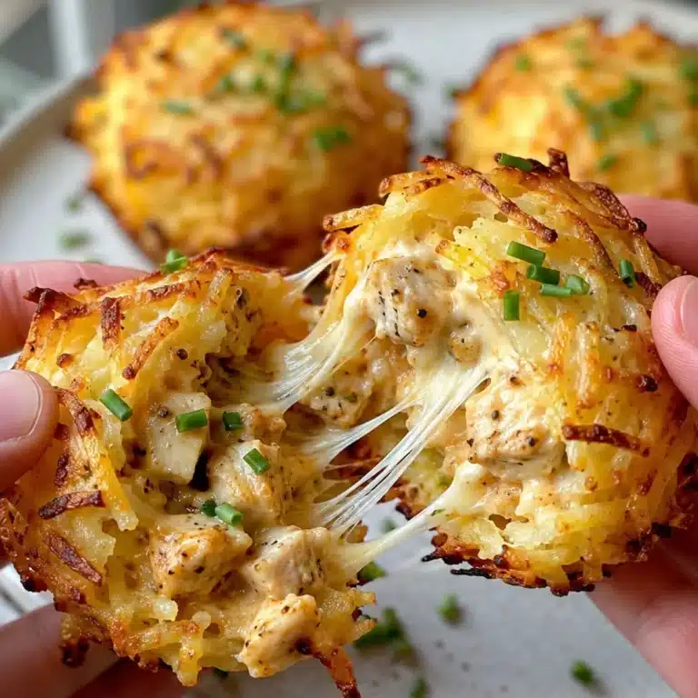 Cheesy Chicken Potato Nests pulled apart with crispy golden shredded potatoes, creamy chicken filling, melted cheese pull, and fresh chives.