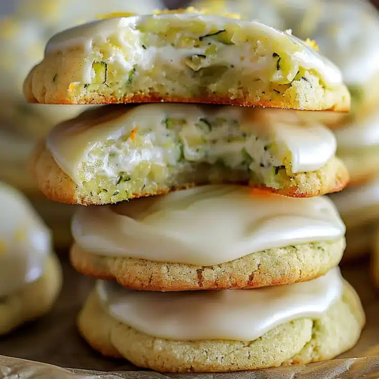 Soft Lemon Zucchini Cookies with Cream Cheese Frosting stacked with glossy frosting, tender zucchini crumb, golden edges, and fresh lemon zest.