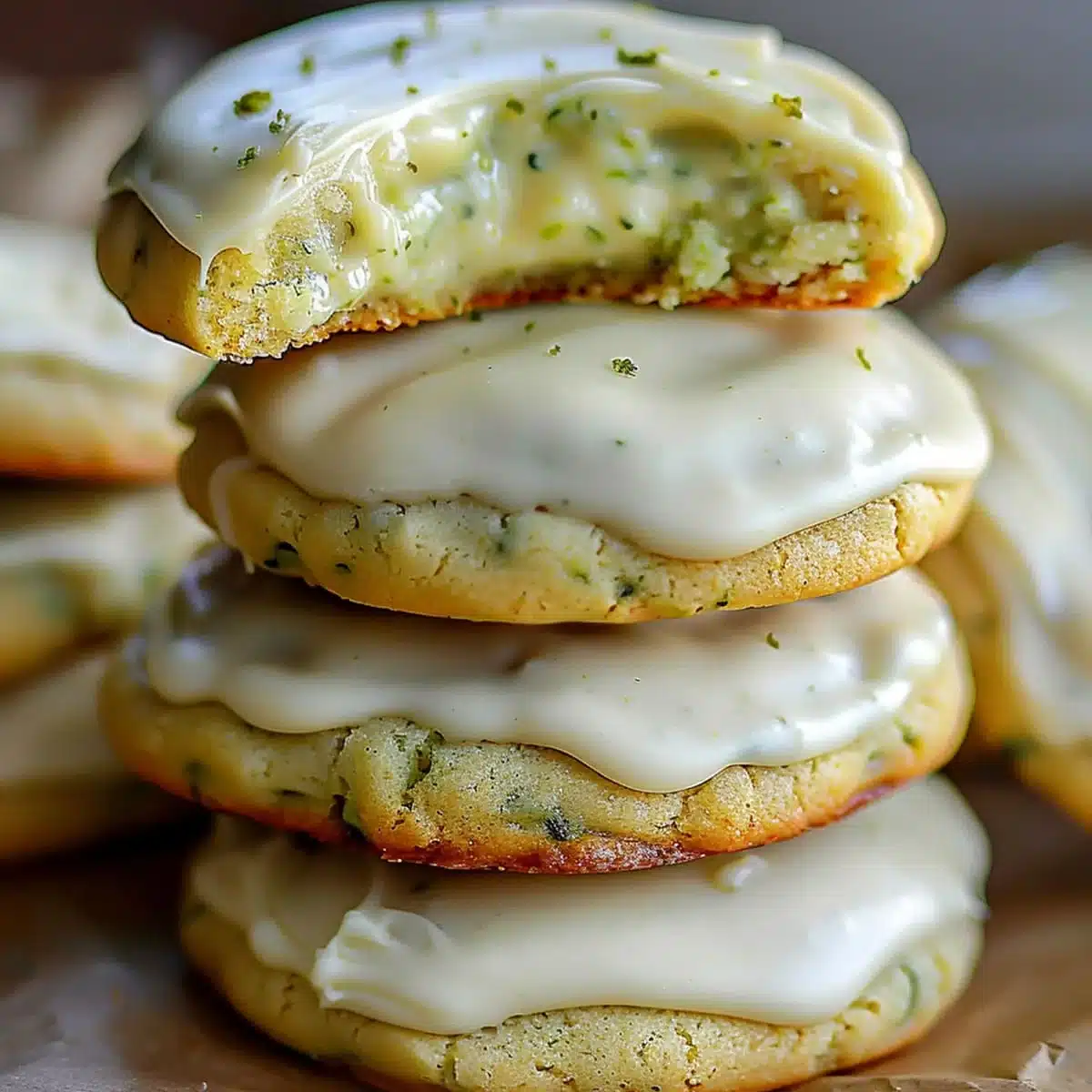 Soft Lemon Zucchini Cookies with Cream Cheese Frosting 5 Soft Lemon Zucchini Cookies with Cream Cheese Frosting showing a bitten cookie, moist zucchini crumb, creamy frosting, and lemon zest garnish.