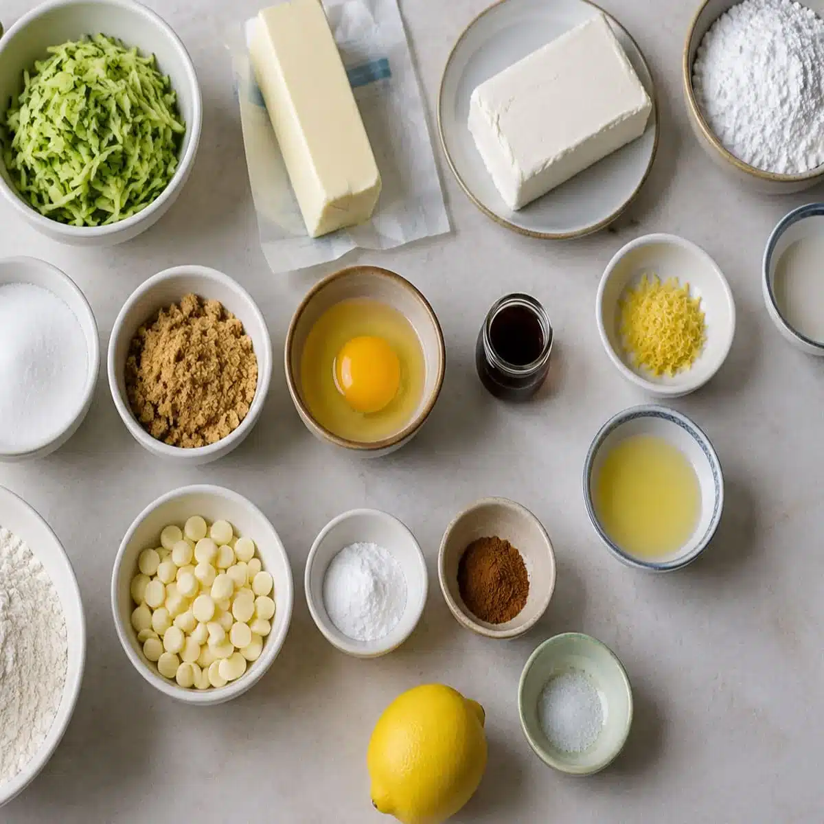 Soft Lemon Zucchini Cookies with Cream Cheese Frosting 4 Soft Lemon Zucchini Cookies with Cream Cheese Frosting ingredients including shredded zucchini, lemon, cream cheese, butter, flour, sugar, egg, and vanilla.