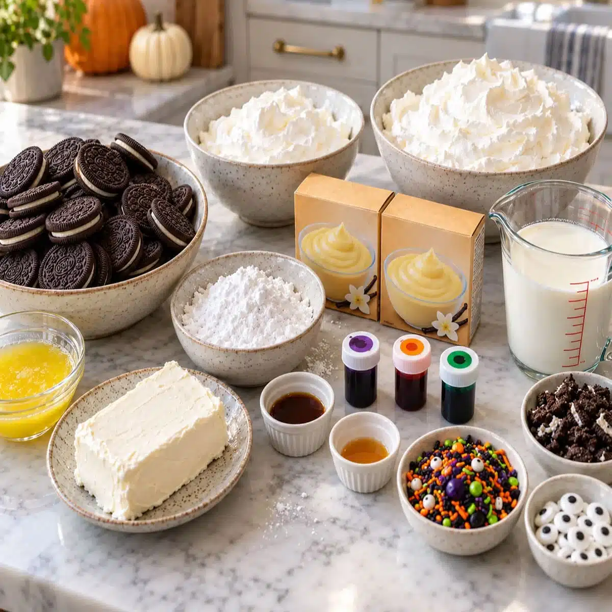 Halloween Lush Dessert: Festive No-Bake Party Recipe 1 Halloween Lush ingredients with chocolate sandwich cookies, cream cheese, pudding mix, milk, whipped topping, food coloring, and sprinkles