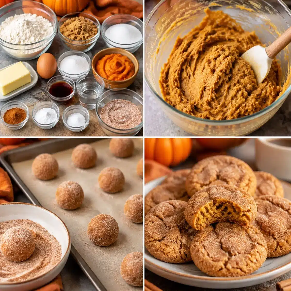 Pumpkin Pie Spice Cookies recipe preparation showing ingredients, pumpkin cookie dough, coated dough balls, and baked cookies