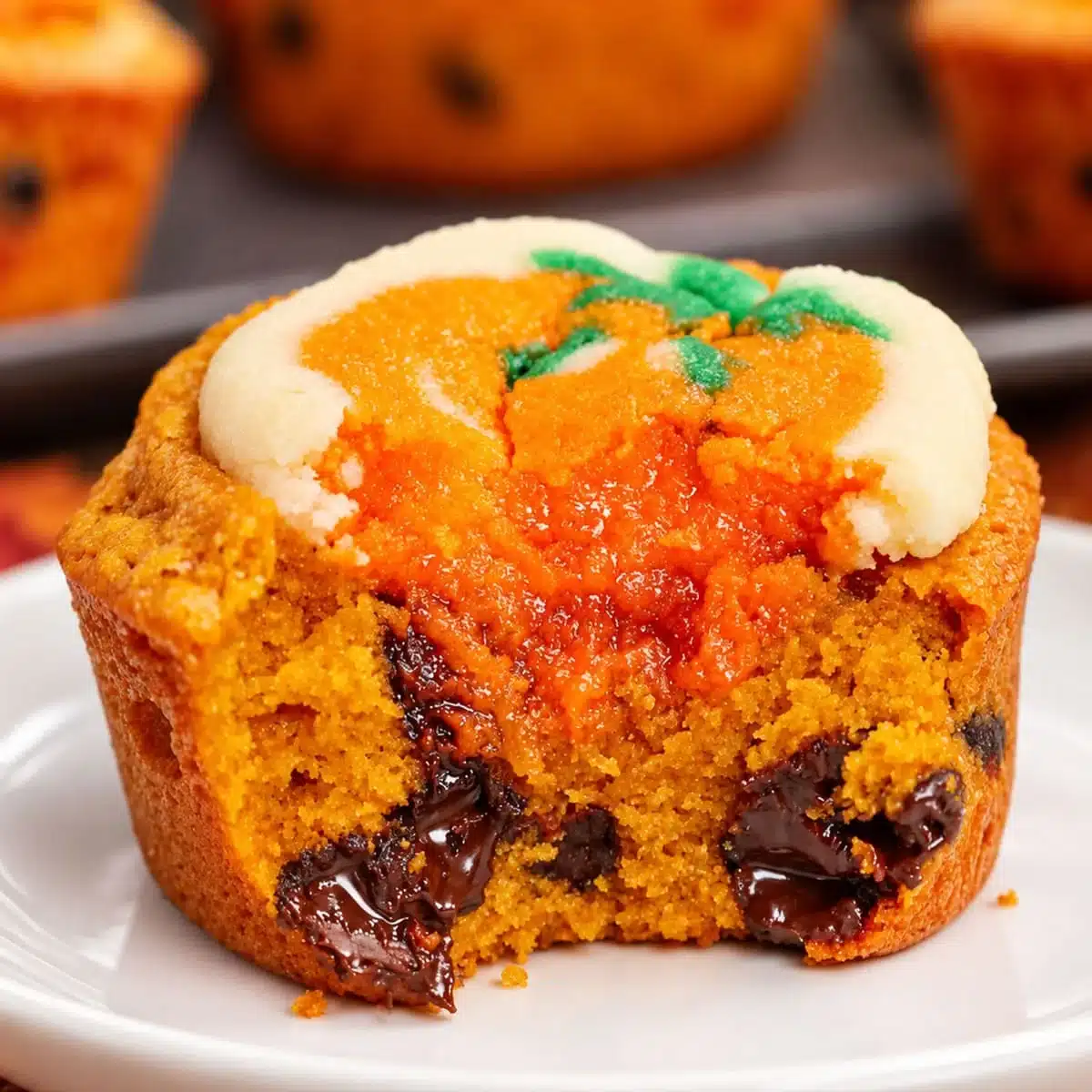 Halloween Sugar Cookie Brownies with a bright orange brownie cup, melted chocolate chips, and a pumpkin-shaped sugar cookie top on a white plate.