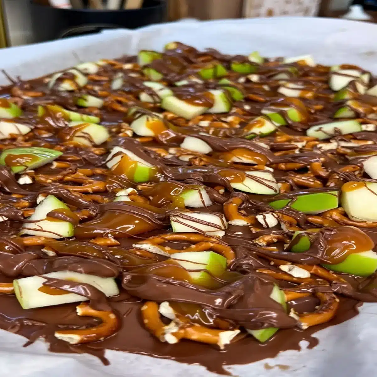Caramel Apple Bark – Easy No-Bake Fall Dessert Ideas 5 Caramel Apple Bark with pretzels, chopped green apples, melted chocolate, and caramel spread on a parchment-lined tray.