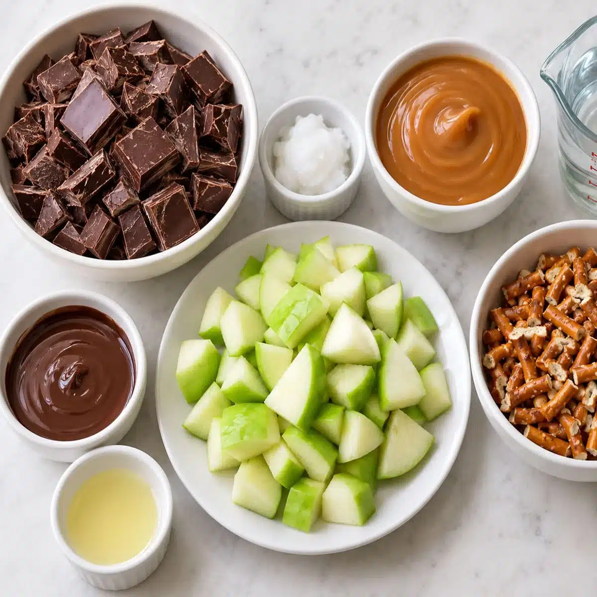 Caramel Apple Bark – Easy No-Bake Fall Dessert Ideas 4 Ingredients for Caramel Apple Bark including chocolate, green apple, caramel, pretzels, coconut oil, lemon juice, and water.