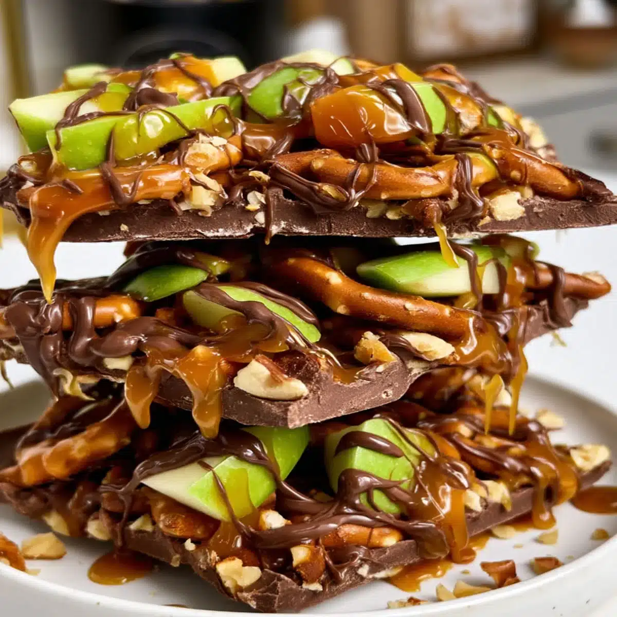 Delicious & Easy Dinner Recipes for Every Home Cook 1 Caramel Apple Bark stacked with fresh green apple pieces, crunchy pretzels, rich chocolate, and gooey caramel drizzle.