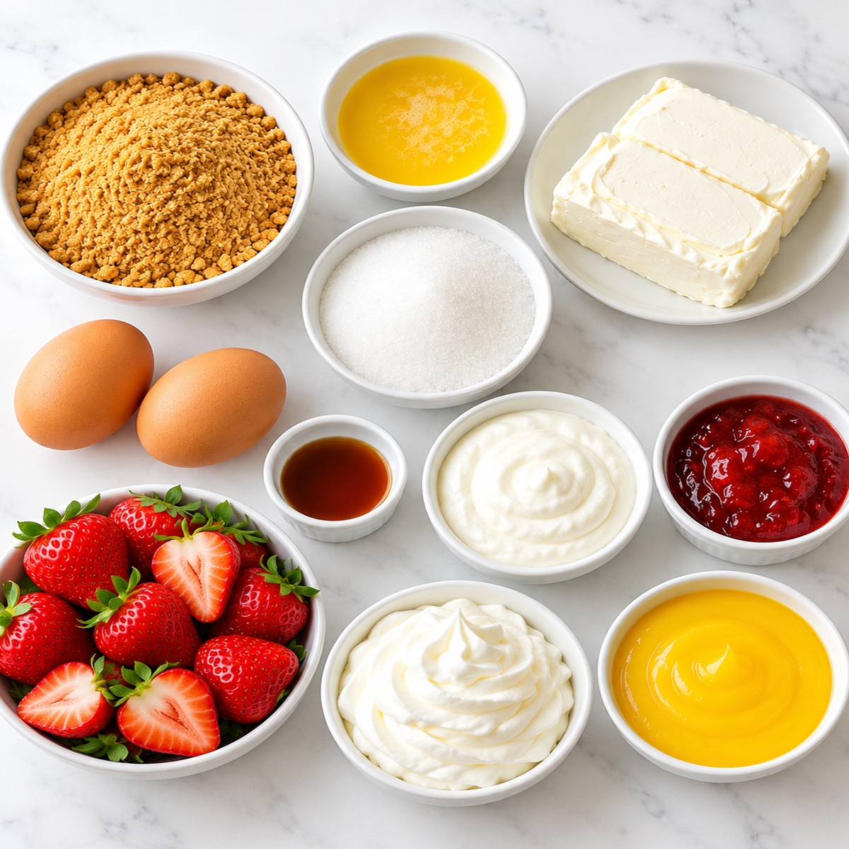Mini Strawberry Cheesecakes ingredients arranged in white bowls, including cream cheese, graham cracker crumbs, strawberry jam, eggs, sugar, sour cream, and fresh strawberries.