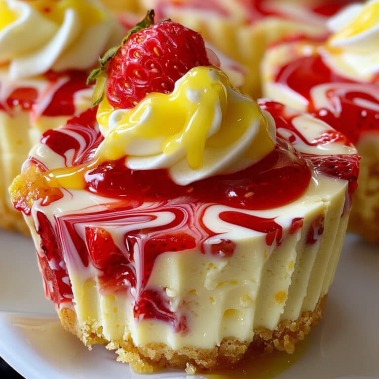Mini Strawberry Cheesecakes with creamy vanilla filling, vibrant strawberry swirls, buttery graham cracker crusts, and fresh strawberry toppings.