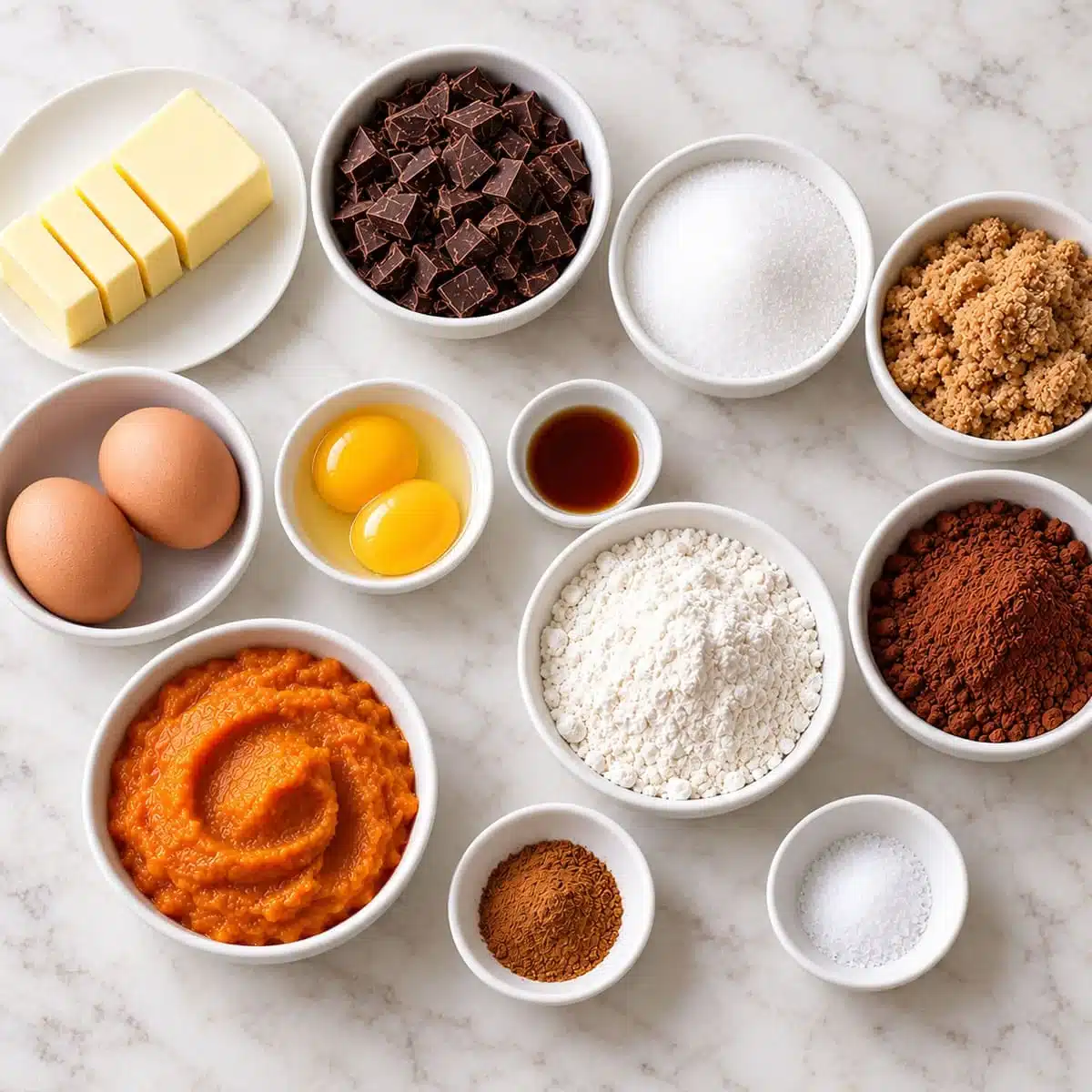 Pumpkin Brownies ingredients including pumpkin puree, cocoa powder, semisweet chocolate, butter, eggs, brown sugar, flour, vanilla, and pumpkin pie spice.