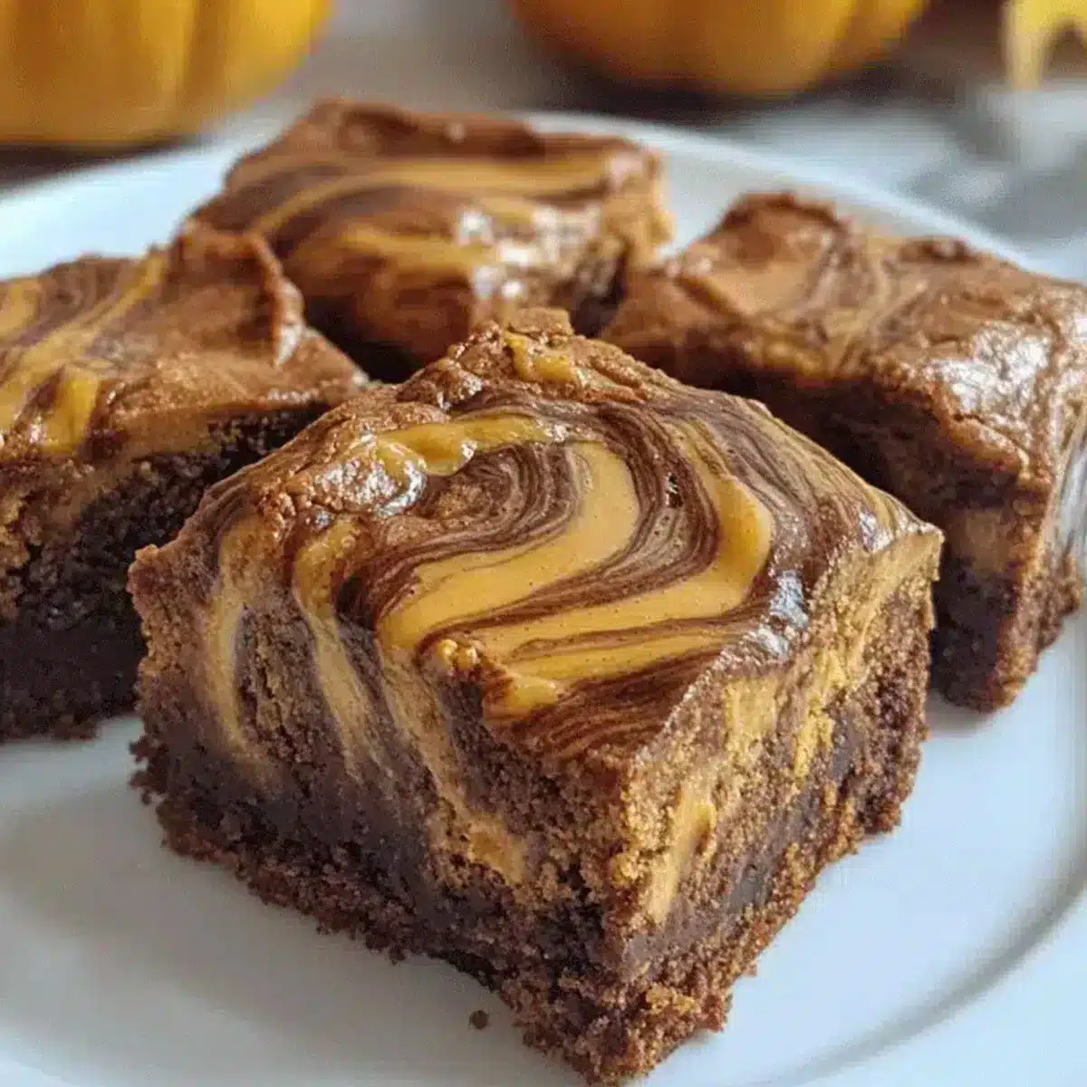 Pumpkin Brownies with fudgy chocolate centers and golden pumpkin swirls, cut into thick squares and served on a white plate.