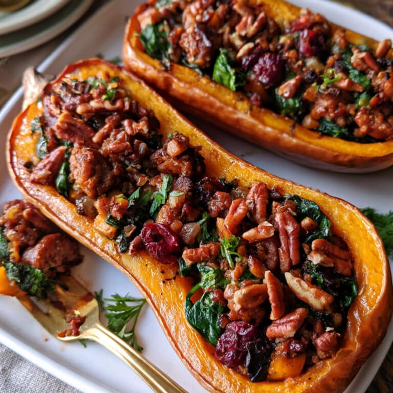 Sausage Stuffed Butternut Squash served on a white plate with roasted golden squash, Italian sausage, spinach, dried cranberries, and crunchy pecans.