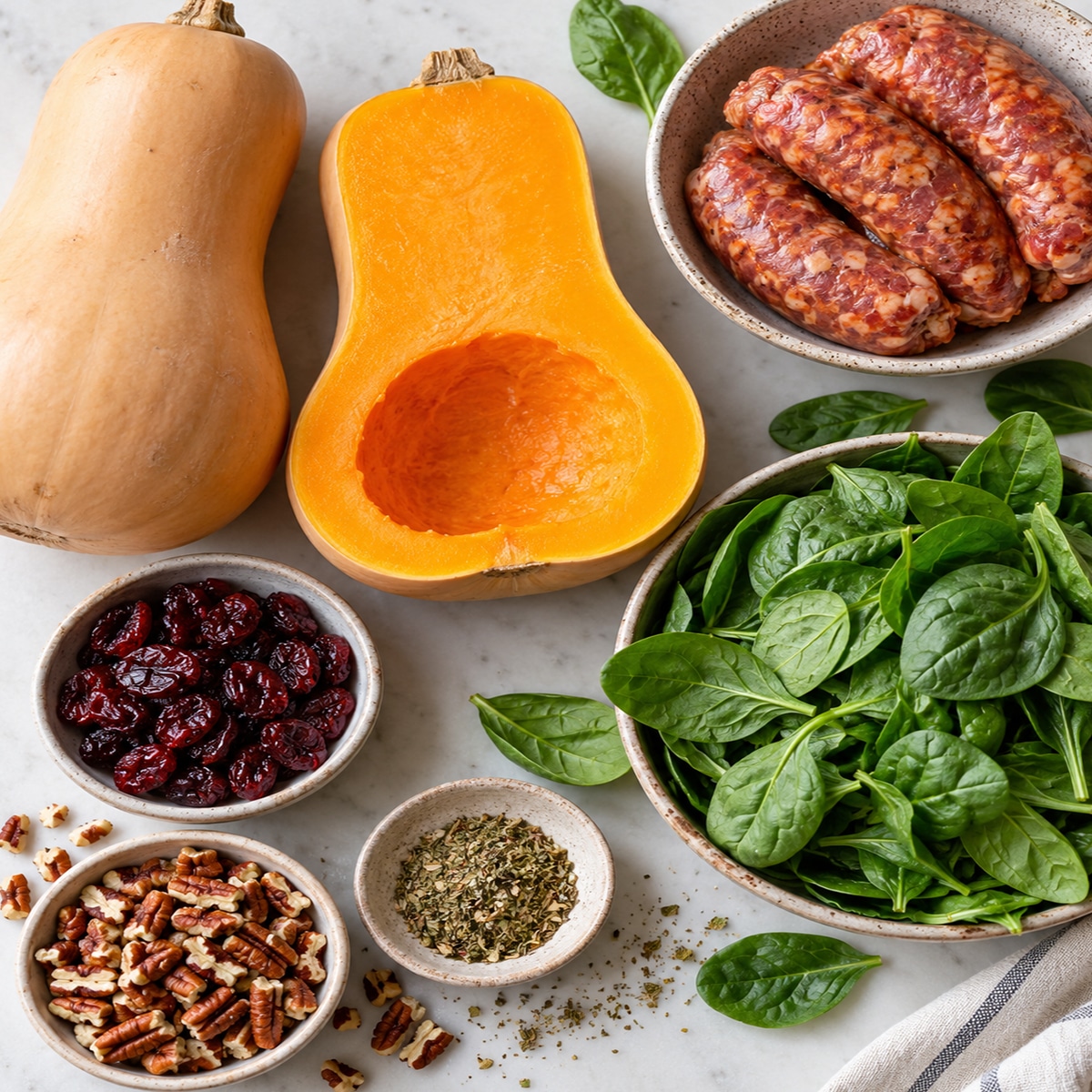 Sausage Stuffed Butternut Squash ingredients arranged on a marble countertop, including whole and halved squash, Italian sausage, spinach, dried cranberries, pecans, and herbs.