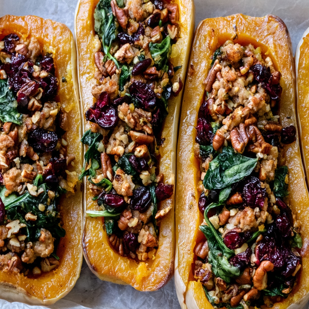 Sausage Stuffed Butternut Squash halves arranged on a baking tray with Italian sausage, wilted spinach, dried cranberries, and chopped pecans.